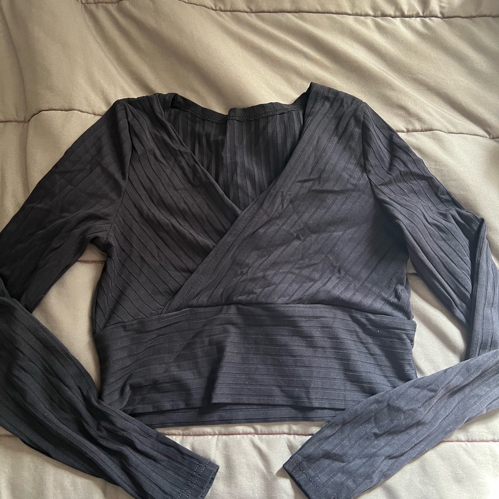 Navy Blue Long Sleeve Cropped Shirt